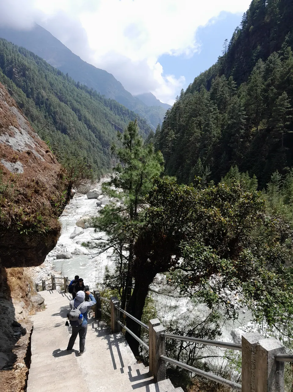 Trekkers walking down a railed stairway towards the Dudh Kosi river in a steep forested valley, on the trail to Namche Bazaar, May 2026