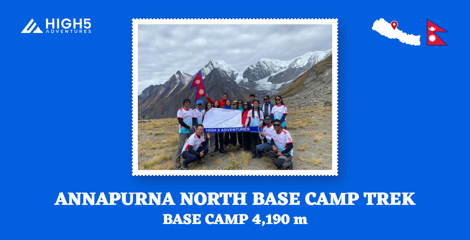 Annapurna North Base Camp trek, base camp 4,190 m: the group at Annapurna North Base Camp, Nepal