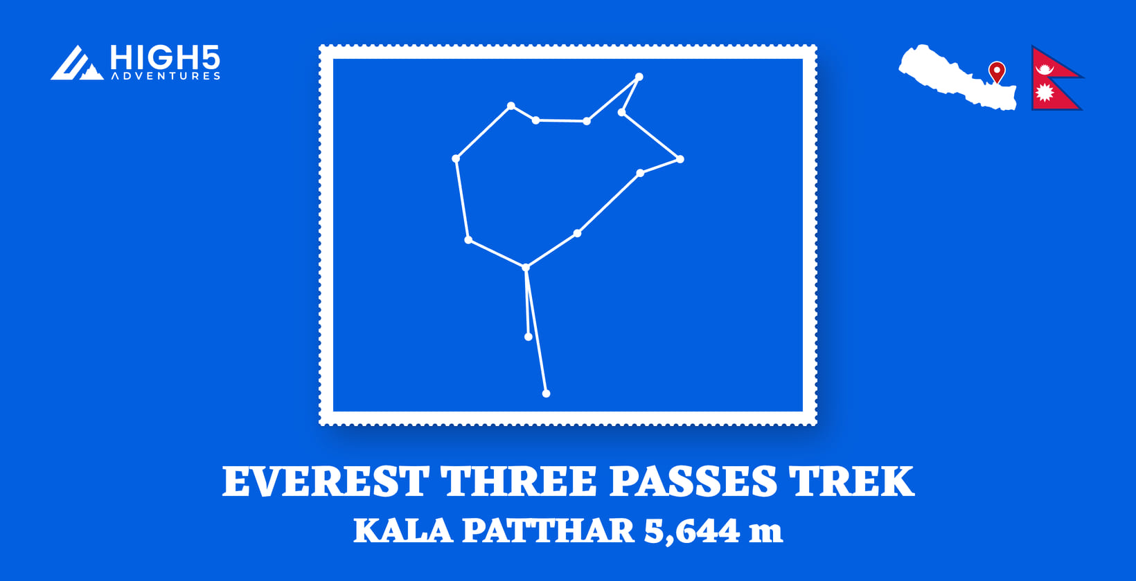 Everest Three Passes trek, Kala Patthar 5,644 m: the route drawn through its overnight stops in Solukhumbu District, Nepal