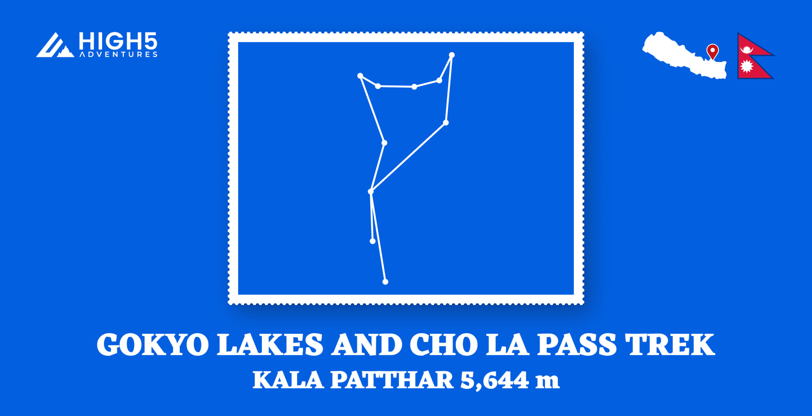 Gokyo Lakes and Cho La Pass trek, Kala Patthar 5,644 m: the route drawn through its overnight stops in Solukhumbu District, Koshi Province, beside the flag of Nepal and a map of Nepal pinned at Gorak Shep. Gokyo Lakes and Cho La Pass trek, Kala Patthar 5,644 m: the route drawn through its overnight stops in Solukhumbu District, Nepal