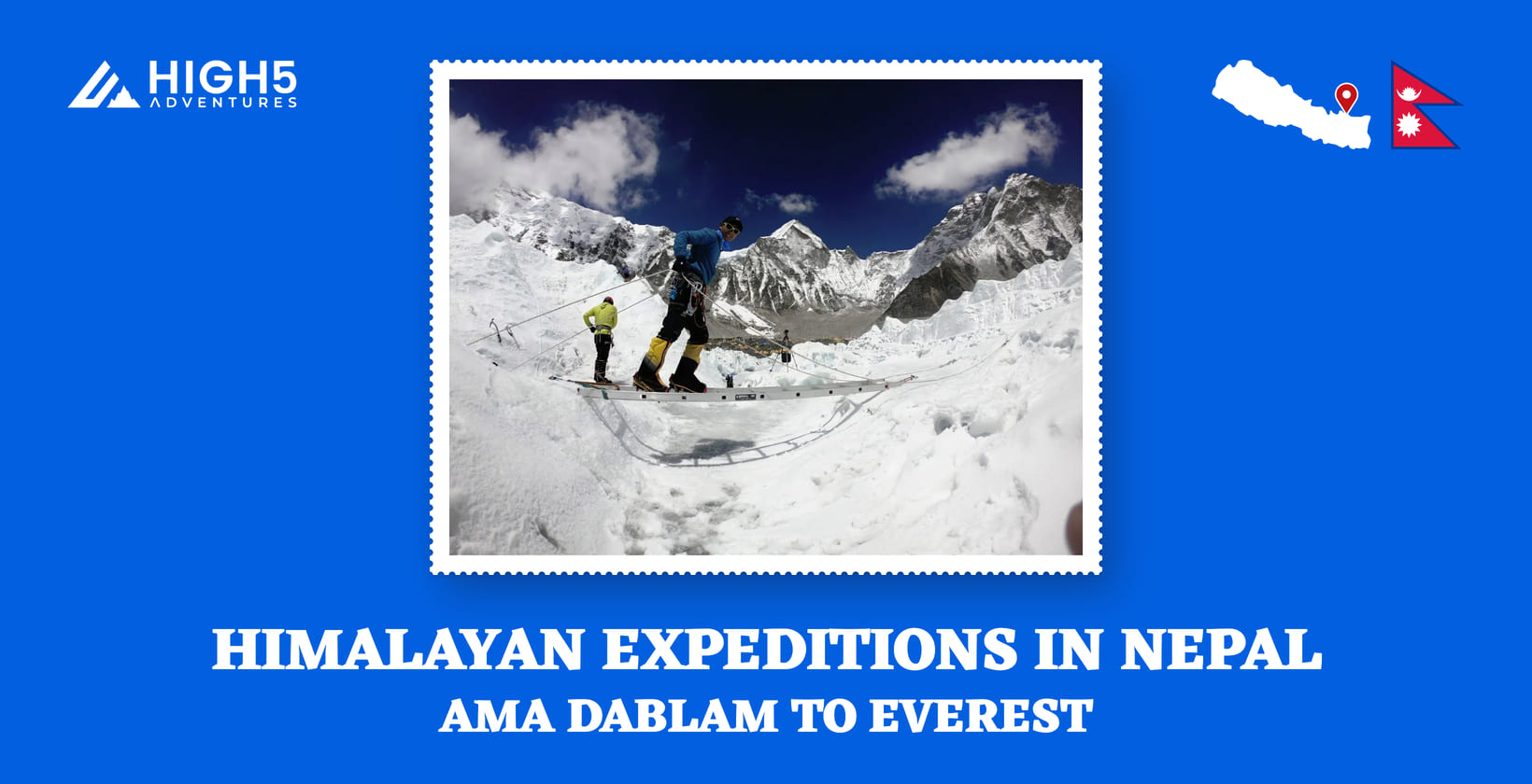 Himalayan expeditions in Nepal, Ama Dablam to Everest: a climber on a ladder across a crevasse