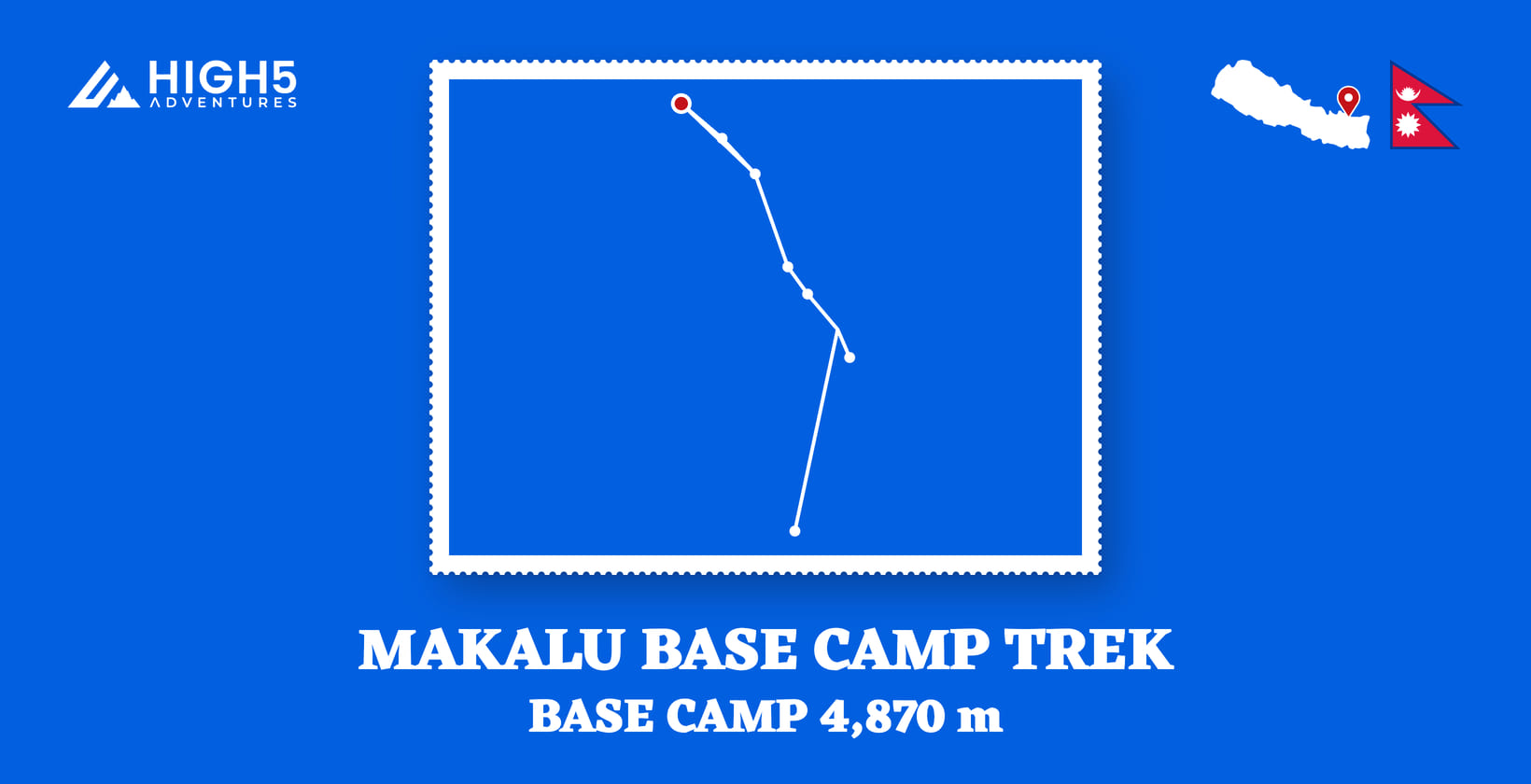 Makalu Base Camp trek, base camp 4,870 m: the route drawn through its overnight stops in Sankhuwasabha District, Koshi Province, beside the flag of Nepal and a map of Nepal pinned at Makalu Base Camp. Makalu Base Camp trek, base camp 4,870 m: the route drawn through its overnight stops in Sankhuwasabha District, Nepal