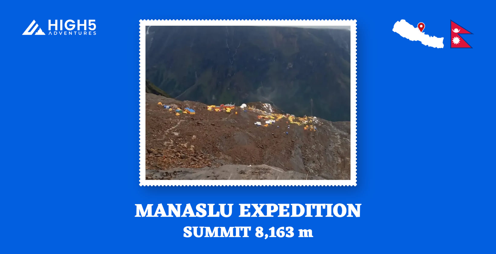 Manaslu expedition, summit 8,163 m: tents at Manaslu Base Camp, Nepal