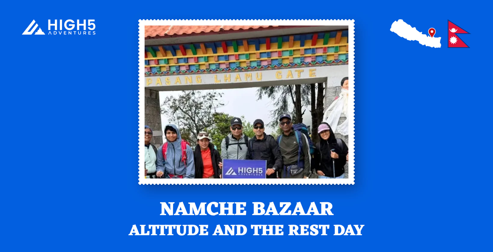 Namche Bazaar, altitude and the rest day: the trek group at the Pasang Lhamu Gate in Lukla, Nepal