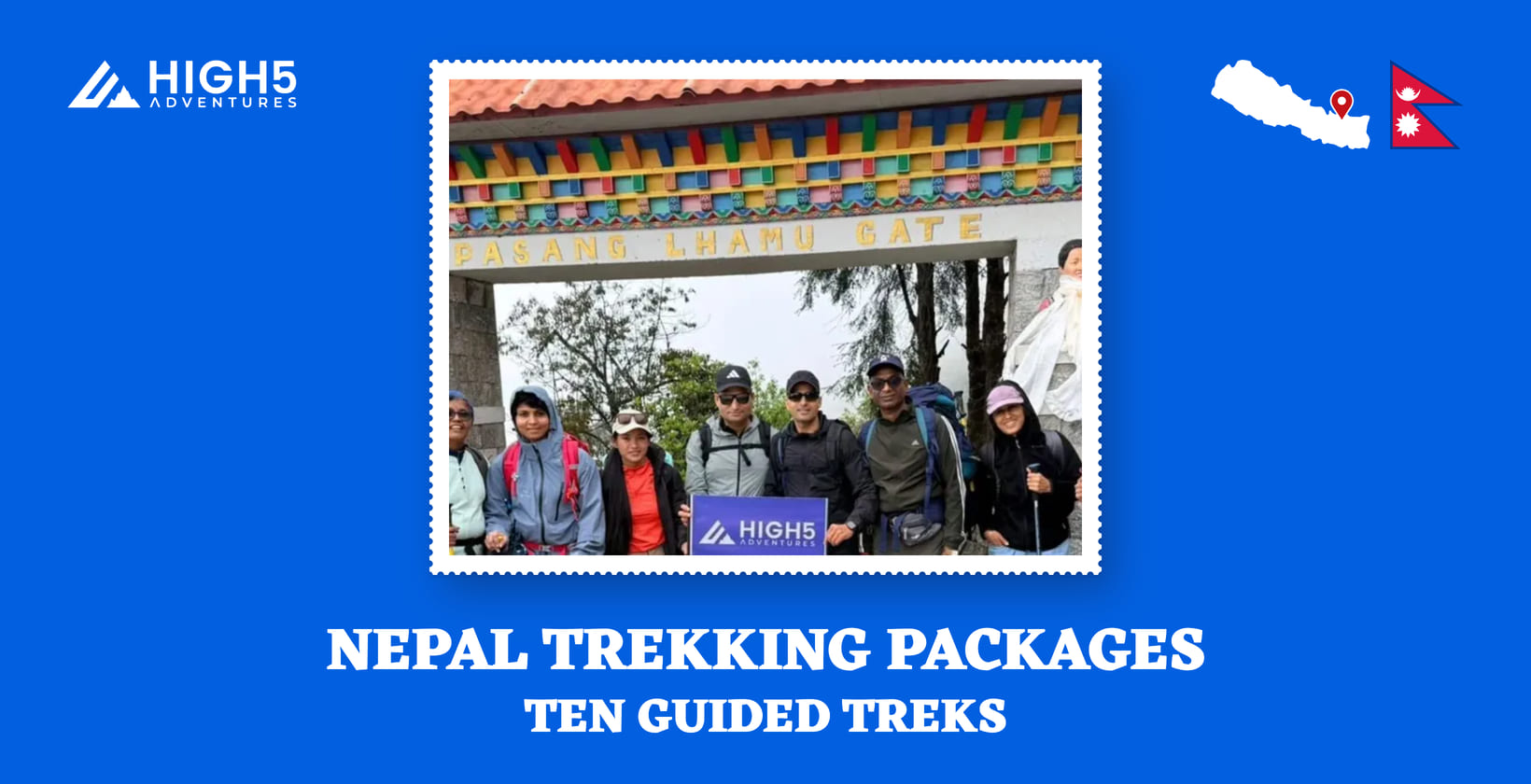 Nepal trekking packages, ten guided treks: the trek group at the Pasang Lhamu Gate in Lukla, Nepal