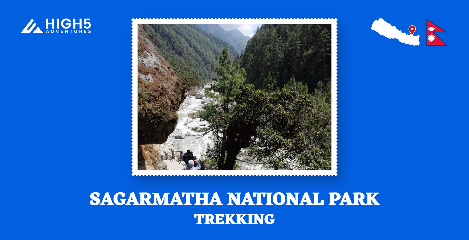 Sagarmatha National Park, trekking: trekkers on a stairway above the Dudh Kosi, Nepal
