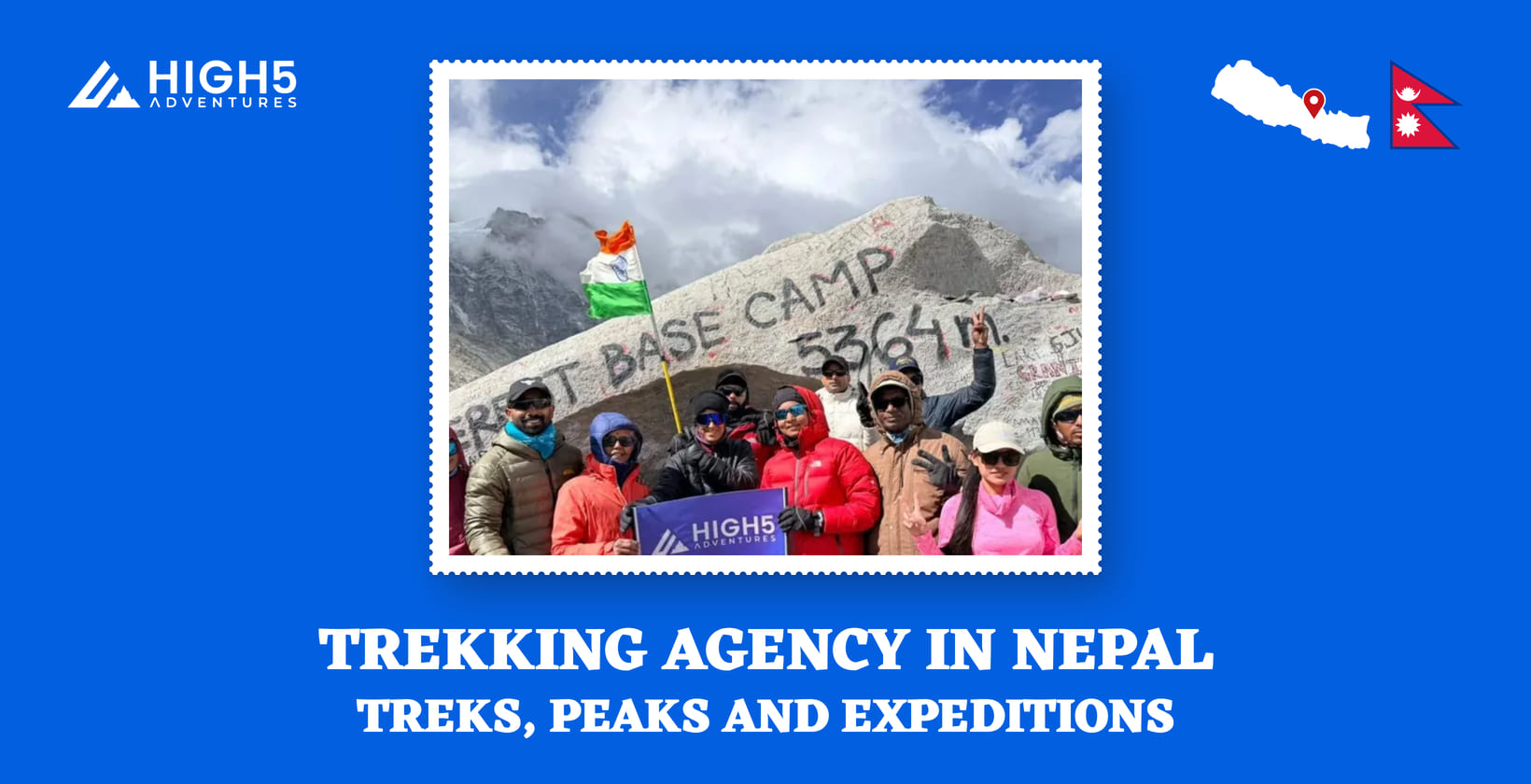 Trekking agency in Nepal, treks, peaks and expeditions: the May 2026 Everest Base Camp group with the High 5 banner, Nepal